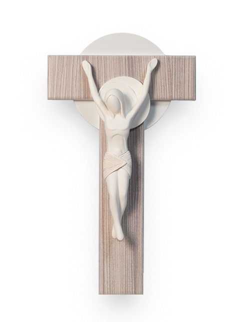 Croce T in legno con Cristo in resina finitura in bianco 15x26cm