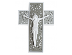 Croce in legno bianco  inserti grigio con Cristo moderno bianco 32 cm