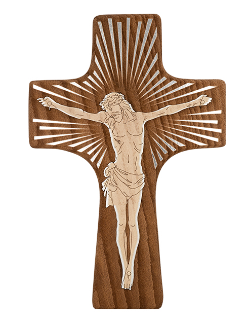 Croce in legno sagomato con incisioni con effetto argentato