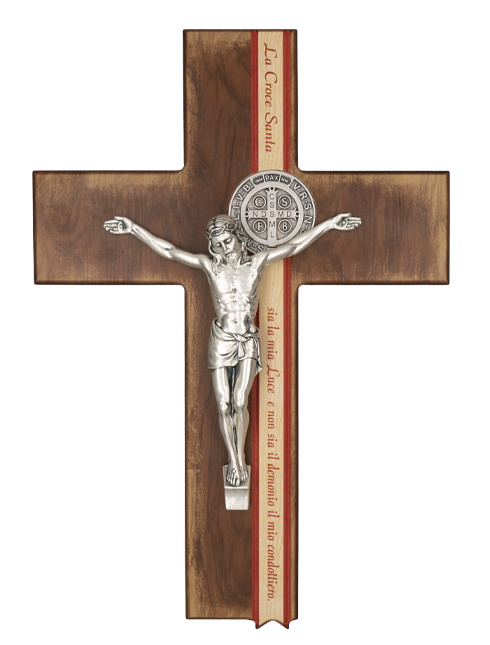 Croce in legno San Benedetto con Cristo e medaglie in metallo 27 cm